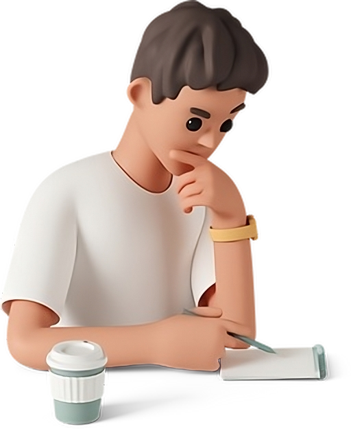 3d casual life young man holding chin and writing in notebook